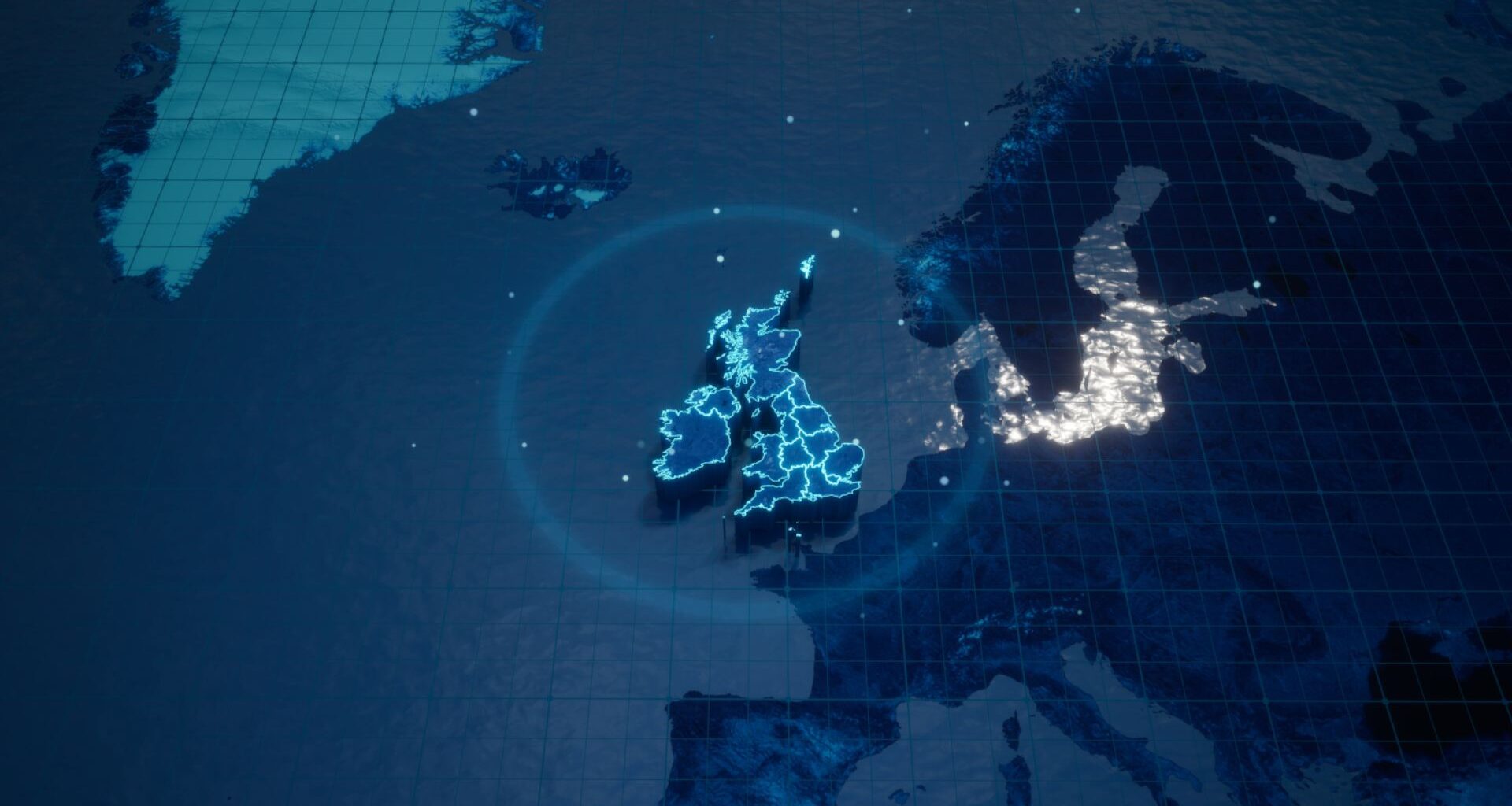 An abstract geometric futuristic concept three dimensional map of the United Kingdom with borders