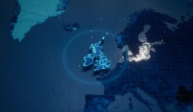 An abstract geometric futuristic concept three dimensional map of the United Kingdom with borders