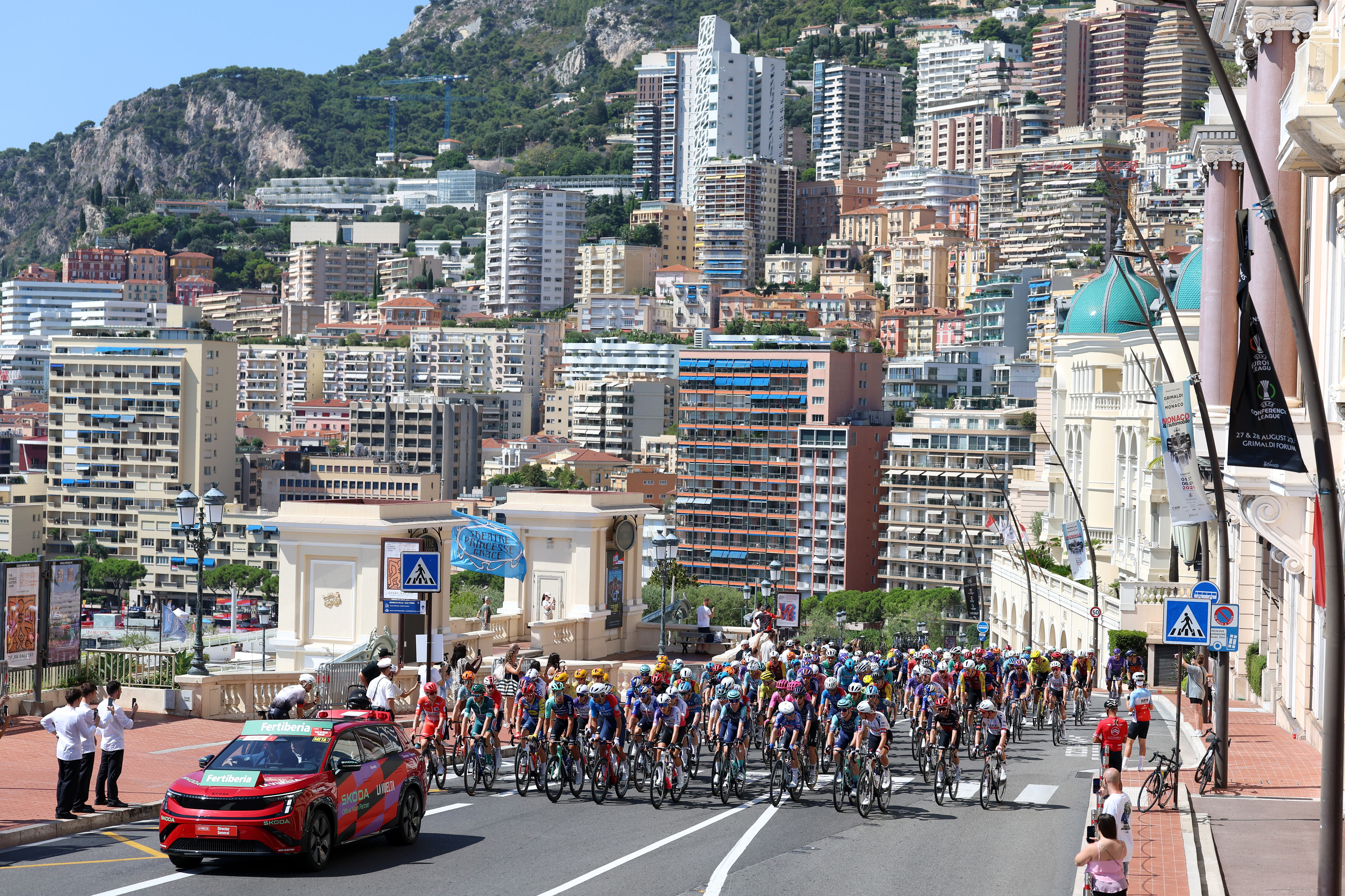 MONACO - AUGUST 23: A general view of the peloton competing during the La Vuelta - 81st Tour of Spain 2026, Stage 2 a 214.3km from Monaco to Manosque 408m / #UCIWT / on August 23, 2026 in Monaco, Monaco. (Photo by Alexander Hassenstein/Getty Images)