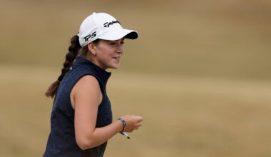 Amateur, Paula Martin Sampedro of Spain reacts following her third shot on the third hole during the Final Round of the AIG Women
