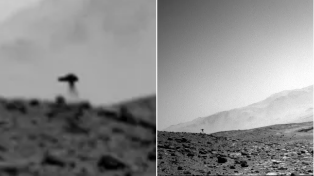 Side-by-side images show a tripod- shaped object on Mars.