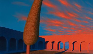 a painting of a tall, leaning, slender tree in front of a glowing arcade and blue sky with scattered clouds
