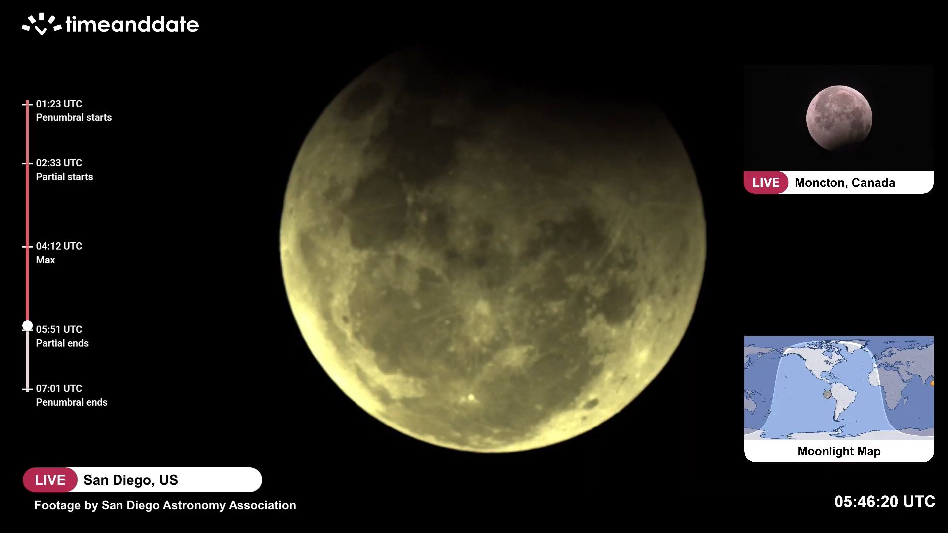 close up view of the deep partial lunar eclipse a tiny dark path in the upper corner.