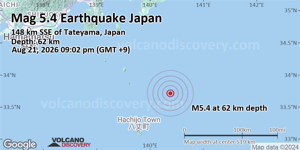 Strong Mag. 5.4 Earthquake - North Pacific Ocean, 86 km Northeast of Hachijo Jima Island, Tokyo, Japan, on Friday, Aug 21, 2026, at 09:02 pm (GMT +9)