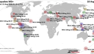 Worldwide earthquakes above magnitude 3 during the past 24 hours on 11 Aug 2026