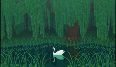a painting by ben sledsens of a swan in a pond surrounded by lush green foliage