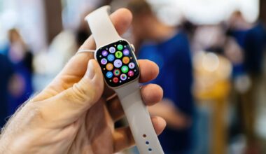 New Apple Watch Series 8 with white band inside Apple Store