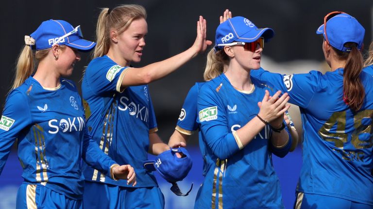 Alexa Stonehouse of MI London celebrates with her teammates (ECB Images)