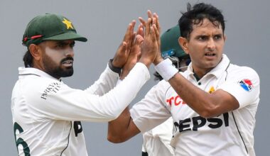 Mohammad Abbas (right) and Babar Azam of Pakistan celebrate victory over the West Indies