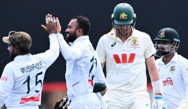 Australia captain Pat Cummins departs after being dismissed by Mehidy Hasan of Bangladesh on day four of the first Test