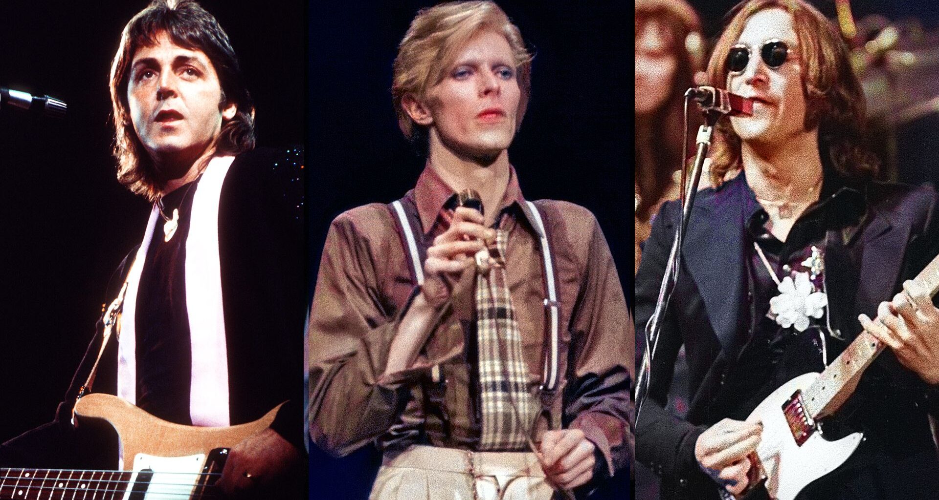 LEFT: Paul McCartney, fronts his next band "Wings" in May 1976 in Los Angeles, California. CENTER: David BOWIE, performing live onstage on Philly Dogs Tour, 1975. RIGHT: John LENNON, performing live onstage - last live appearance, with Elton John, 1975