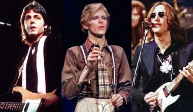 LEFT: Paul McCartney, fronts his next band "Wings" in May 1976 in Los Angeles, California. CENTER: David BOWIE, performing live onstage on Philly Dogs Tour, 1975. RIGHT: John LENNON, performing live onstage - last live appearance, with Elton John, 1975