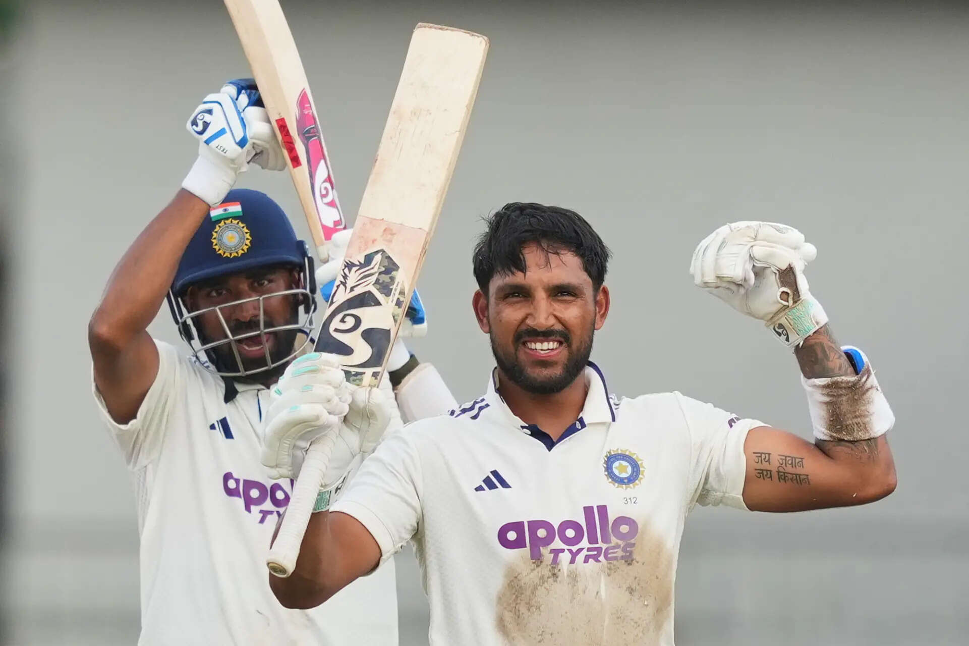 India's Dhruv Jurel celebrates his century as batting partner India's Mohammed Siraj, left, watches during day two of the second cricket test match between Sri Lanka and India in Colombo, Sri Lanka, Monday, Aug. 24, 2026. (AP Photo/Eranga Jayawardena) Sri Lanka India Cricket