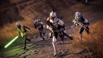A clone trooper, Umbaran, Mandalorian, and Jedi walk onto a battlefield.