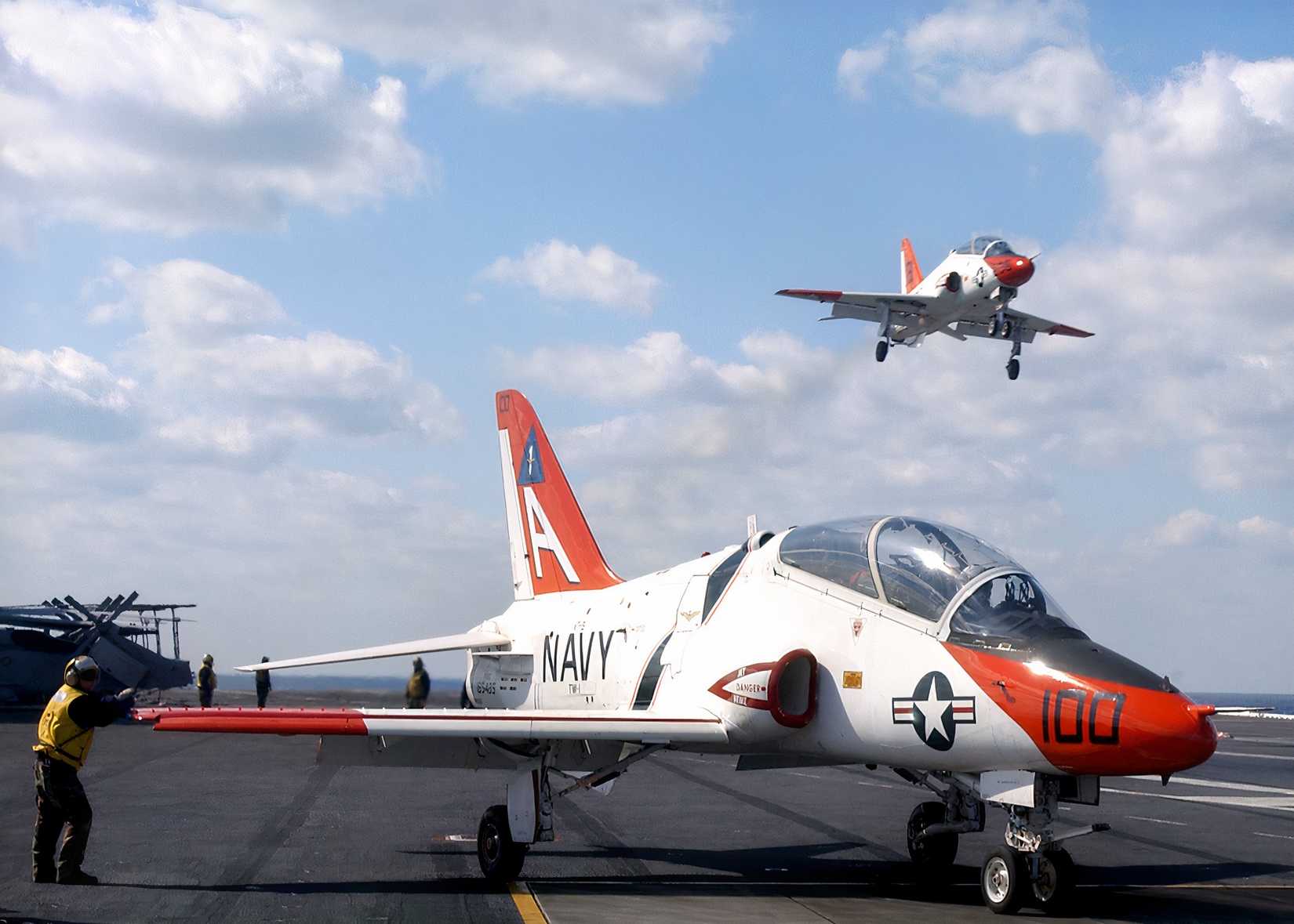 T-45 Goshawk on an air craft carrier preparing to takeoff.