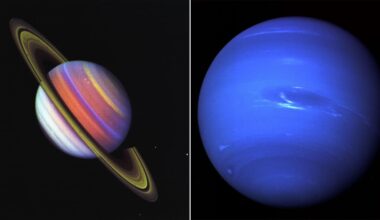 A side-by-side view of Saturn with its prominent rings on the left and the blue planet Neptune on the right.