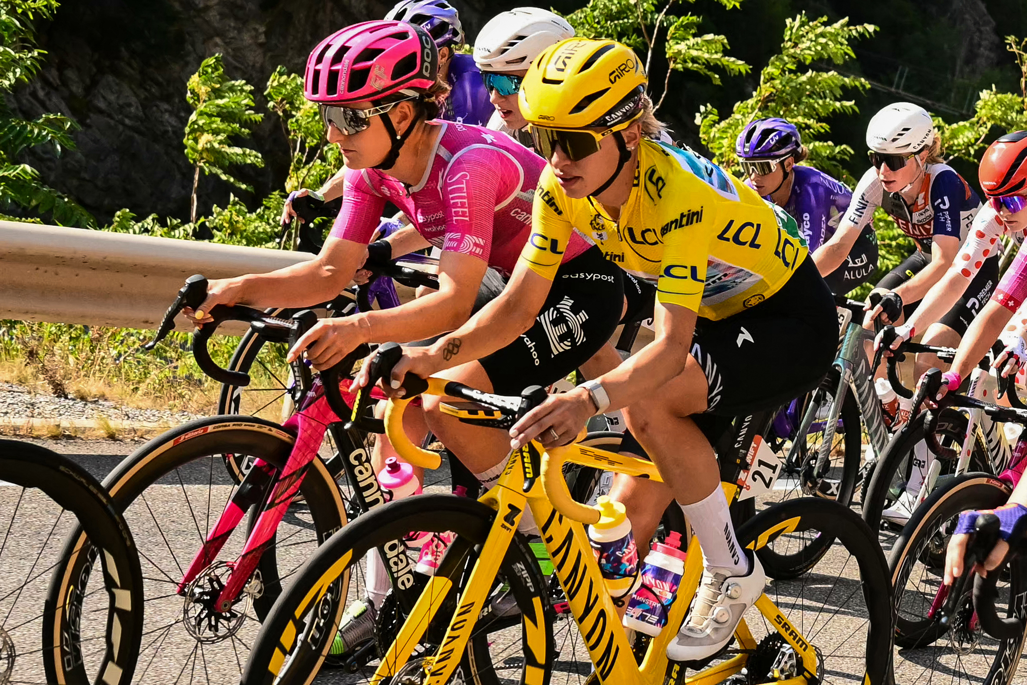 Canyon//SRAM zondacrypto's Polish rider Katarzyna Niewiadoma, wearing the overall leader's yellow jersey, rides during the 8th (out of 9) stage of the fifth edition of the Women's Tour de France cycling race, 171.9 km from Sisteron to Nice, southeastern France on August 8, 2026. (Photo by NICOLAS TUCAT / AFP)