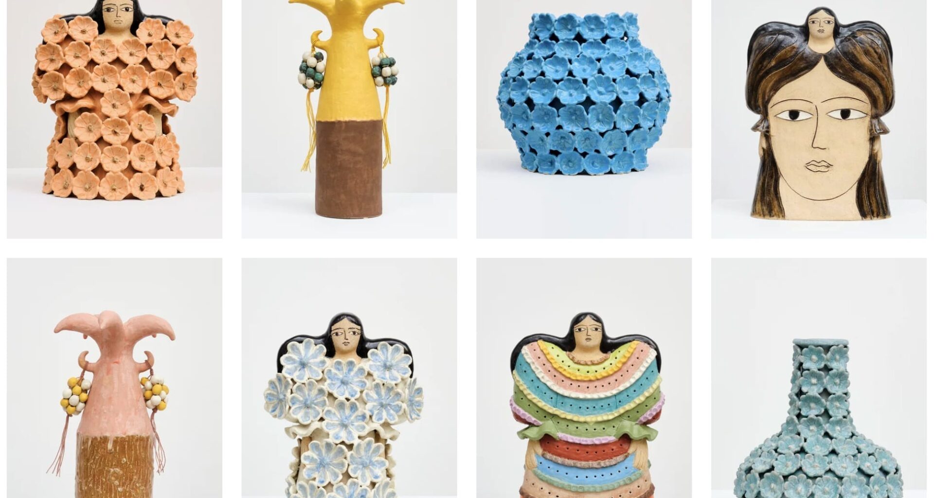 a screen grab of eight images of ceramic sculptures by Maryam Yousif featuring repeating flower motifs and vases on figurative sculptures and vessels