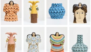 a screen grab of eight images of ceramic sculptures by Maryam Yousif featuring repeating flower motifs and vases on figurative sculptures and vessels