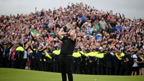13 September 2026; Shane Lowry of Ireland celebrates after winning the Amgen Irish Open Golf Championship 2026 at Trump International Golf Links in Doonbeg, Clare. Photo by Brendan Moran/Sportsfile