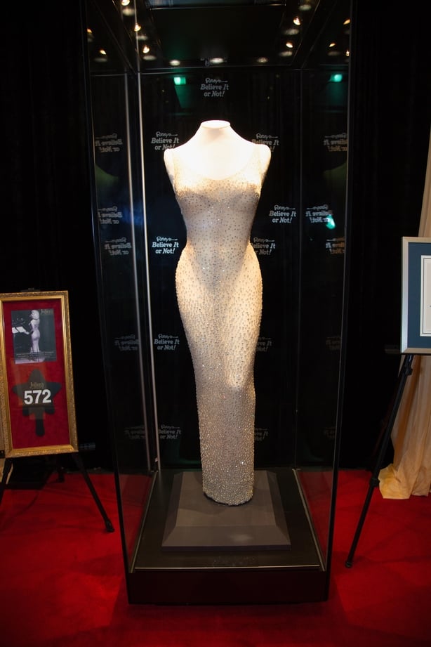 HOLLYWOOD, CALIFORNIA - NOVEMBER 07: Full Shot of the Historic Happy Birthday President Kennedy Dress Worn By Marilyn Monroe at Ripley's Believe It Or Not on November 07, 2018 in Hollywood, California. (Photo by Liliane Lathan/Getty Images)
