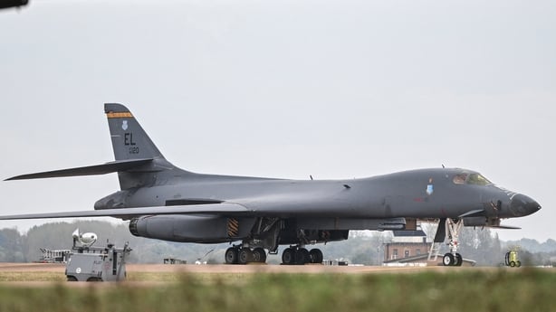 A US Air Force B-1 Lancer bomber is pictured on the tarmac at RAF Fairford base in Fairford