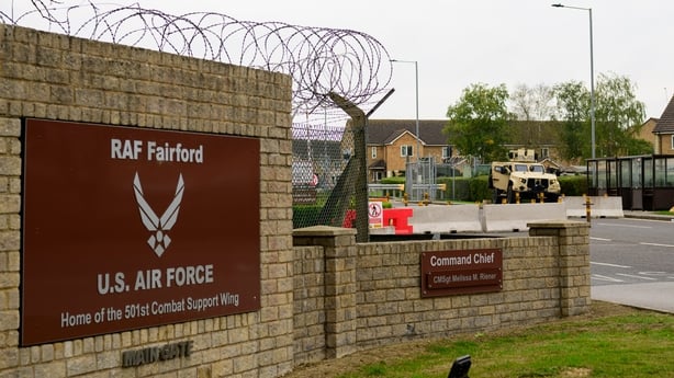 The main gate of RAF Fairford is pictured in Fairford, United Kingdom