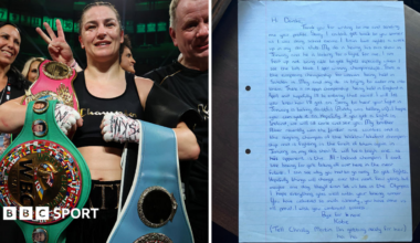 A split image. On the left is an image of Katie Taylor holding her world title belts, with a letter from Katie Taylor to Deirdre Gogarty on the right.