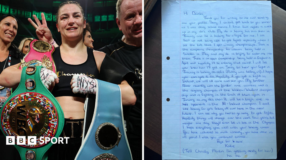 A split image. On the left is an image of Katie Taylor holding her world title belts, with a letter from Katie Taylor to Deirdre Gogarty on the right.