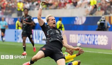 Canada's Liam Millar is scythed down during the round of 32 meeting with South Africa at the Los Angeles Stadium at this summer's World Cup (28 June 2026)
