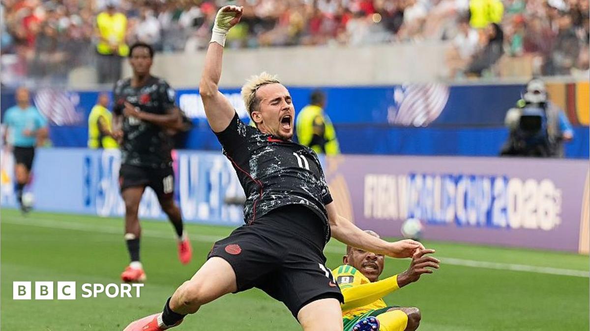 Canada's Liam Millar is scythed down during the round of 32 meeting with South Africa at the Los Angeles Stadium at this summer's World Cup (28 June 2026)