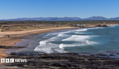 Aerial view of coastline near Rhosneigr, on Anglesey