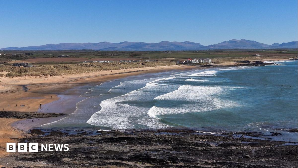 Aerial view of coastline near Rhosneigr, on Anglesey