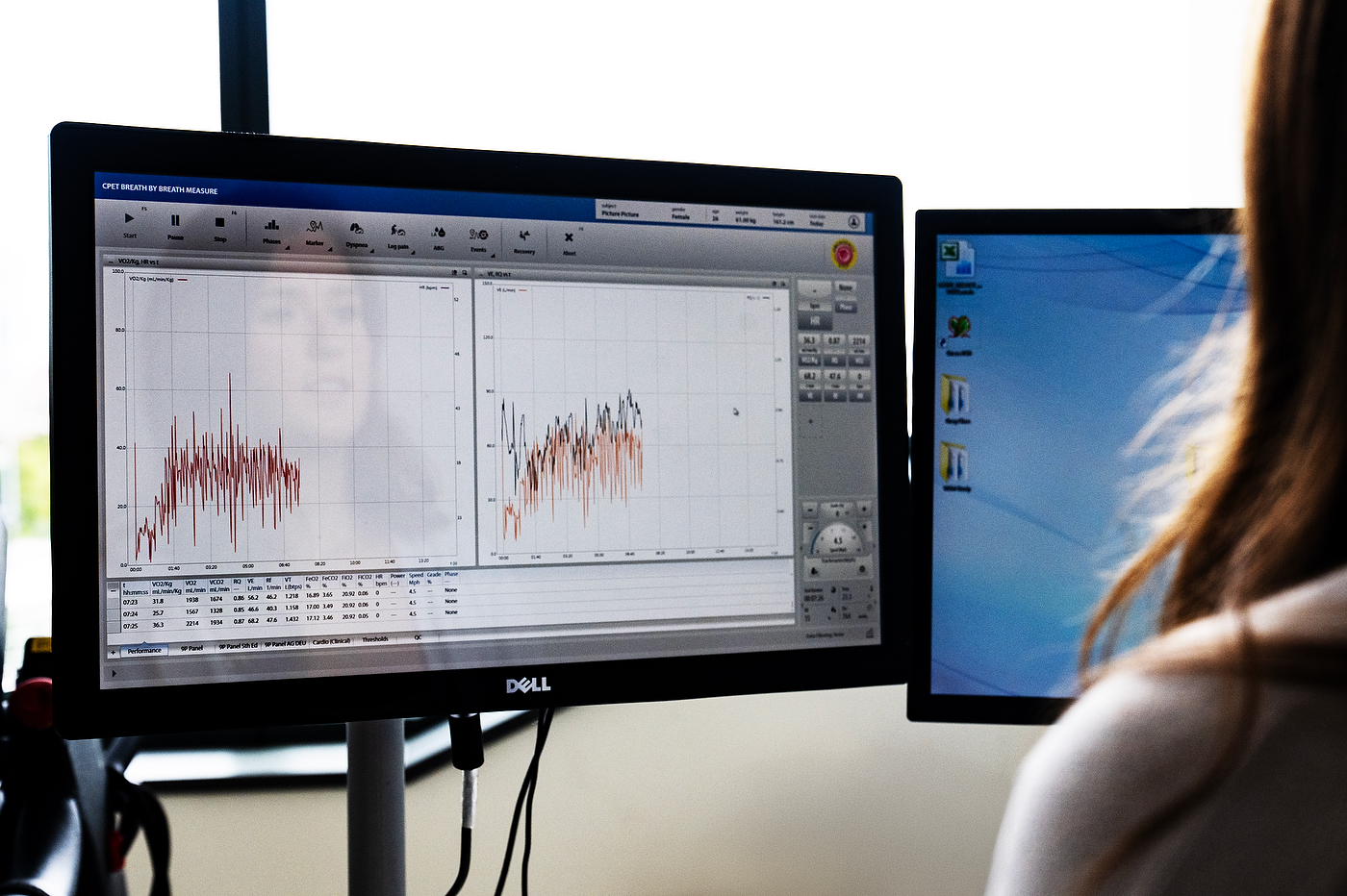 Computer monitors displaying VO2max breath-by-breath data and heart rate graphs, with a researcher's silhouette reflected in one screen.