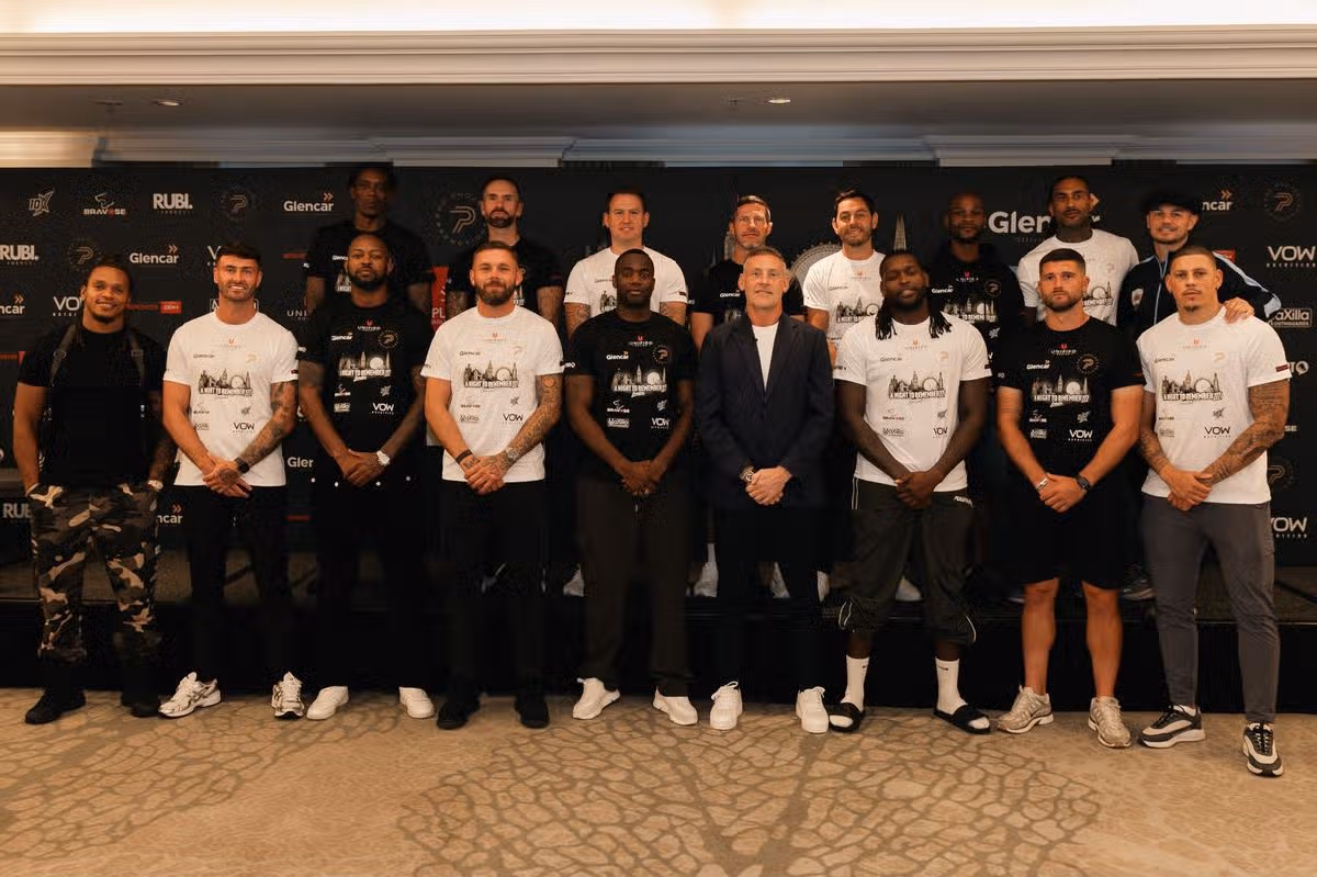 Former Argyle midfielder David Norris (back row, fourth from left) with the other ex-professional footballers who will be taking part in the charity boxing event, A Night to Remember III, at the Grosvenor House Hotel in London on October 22, 2026