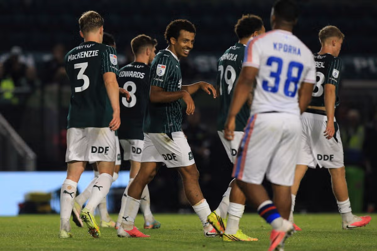 Goal celebrations for Caleb Watts after putting Argyle 3-0 up in their EFL Trophy group game against Crystal Palace U21s at Home Park on 22 September 2026 - Photo: Dave Rowntree/PPAUK