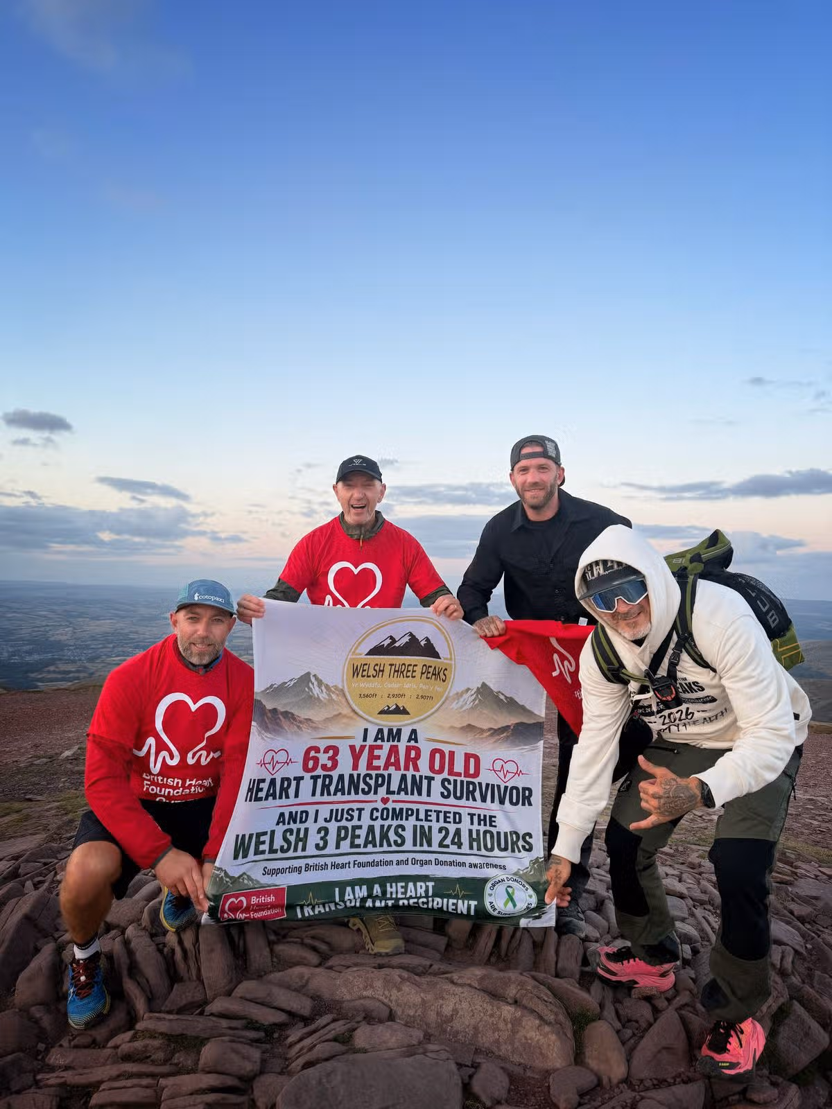 Clive Chaplin, from Ebbw Vale,  completed the Welsh three peaks challenge after having a heart transplant. He is pictured with  L-R Ryan Chaplin, Clive Chaplain, and friends Alex Symonds and Matthew Pritchard (Matthew organised the 3 peaks challenge)