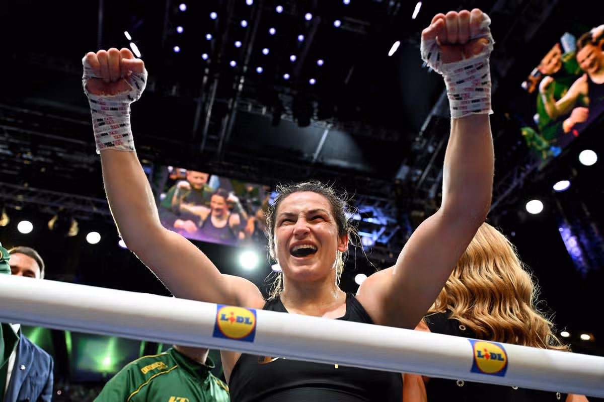 DUBLIN, IRELAND - SEPTEMBER 05: Katie Taylor celebrates victory after the Women's IBF, IBO, WBC and WBO World Super Lightweight Titles' fight between Katie Taylor and Flora Pili on the Katie Taylor v Flora Pili: Once Upon A Time - Fight Night at Croke Park on September 05, 2026 in Dublin, Ireland. (Photo by Charles McQuillan/Getty Images)