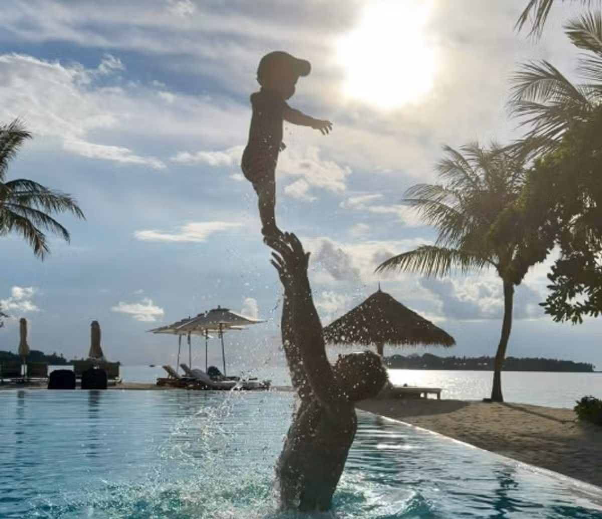 Jonathan Davies on holiday with his son