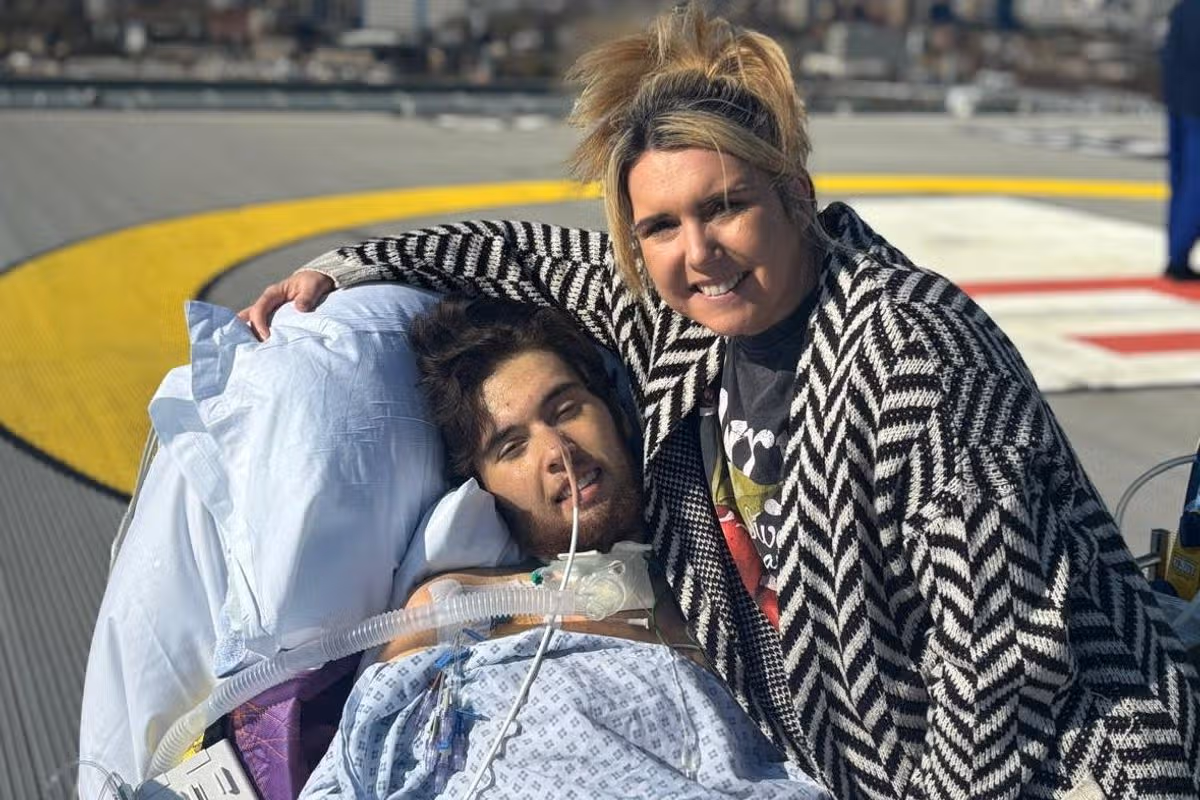 Riley Lubas with his mum Kate at King's College Hospital in London