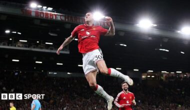 Sesko leaps into the air as he celebrates scoring against Sabah FK at Old Trafford