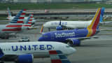 Planes of United Airlines, Southwest Airlines and American Airlines are seen at LaGuardia Airport in New York, the United States, on April 23, 2026. 