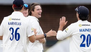Sussex players celebrate taking a wicket