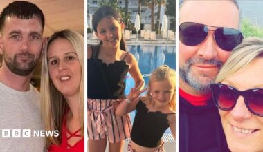 A three-image collage shows two adults posing together indoors, two children standing beside a swimming pool at a holiday resort, and a close-up outdoor selfie of two adults wearing sunglasses. The centre image features a poolside setting with palm trees, sun loungers and hotel buildings in the background.