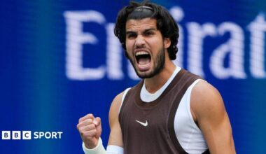 Carlos Alcaraz celebrates after winning his third-round match at the US Open