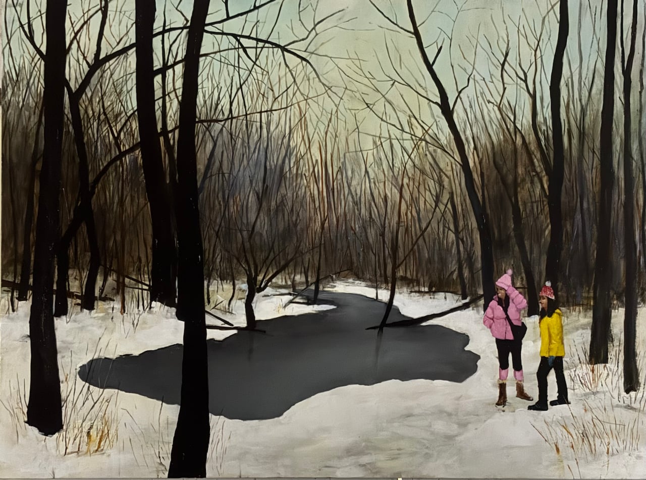 A painting of a pond in winter.
