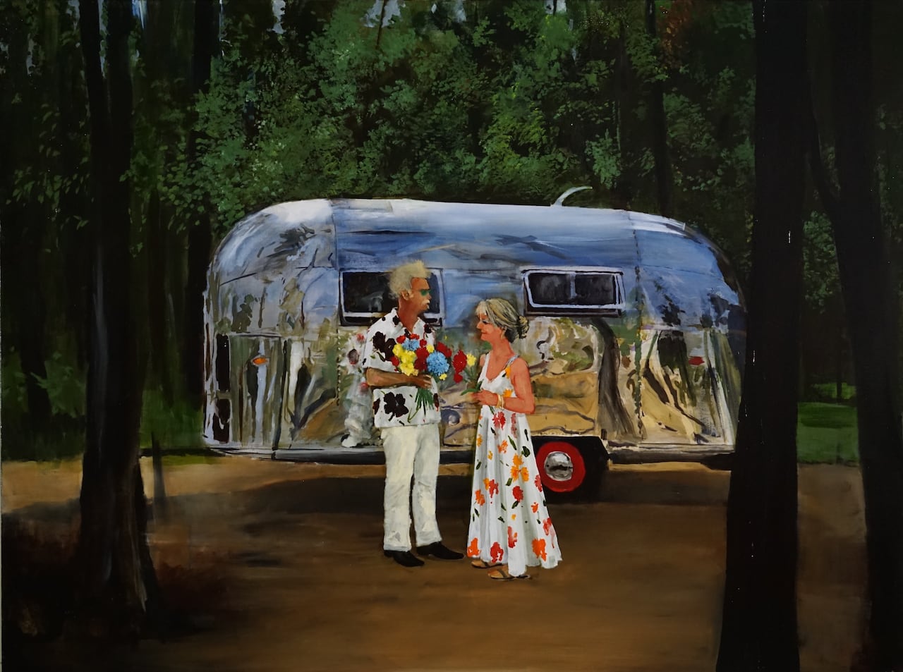 A painting of a camper van in the woods.