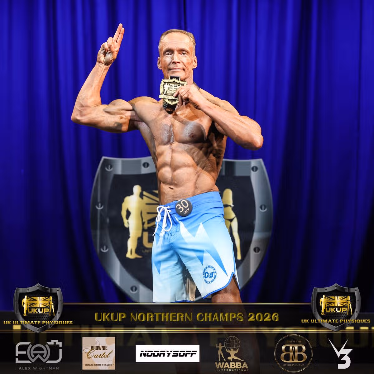 Phil Earley wins at the UK Ultimate Physiques Northern Championships in York on August 9th 2026, winning the title for a third time, which was noted by the announcer: “to win a Title is one thing, to win it three years in a row is amazing.”.