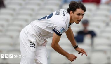 Middlesex's Seb Morgan completes his follow-through after bowling a delivery