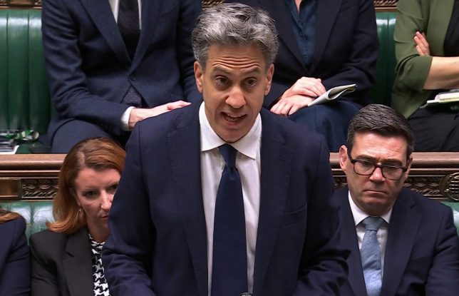 In this video grab taken from footage broadcast by the UK Parliamentary Recording Unit (PRU) via the Parliament TV website in the House of Commons on September 8, 2026, Britain's Foreign Secretary Ed Miliband delivers a speech on an import ban of goods from illegal settlements in occupied Palestinian territories. (Photo by PRU / AFP via Getty Images) / RESTRICTED TO EDITORIAL USE - NO USE FOR ENTERTAINMENT, SATIRICAL, ADVERTISING PURPOSES - MANDATORY CREDIT " AFP PHOTO / PRU "